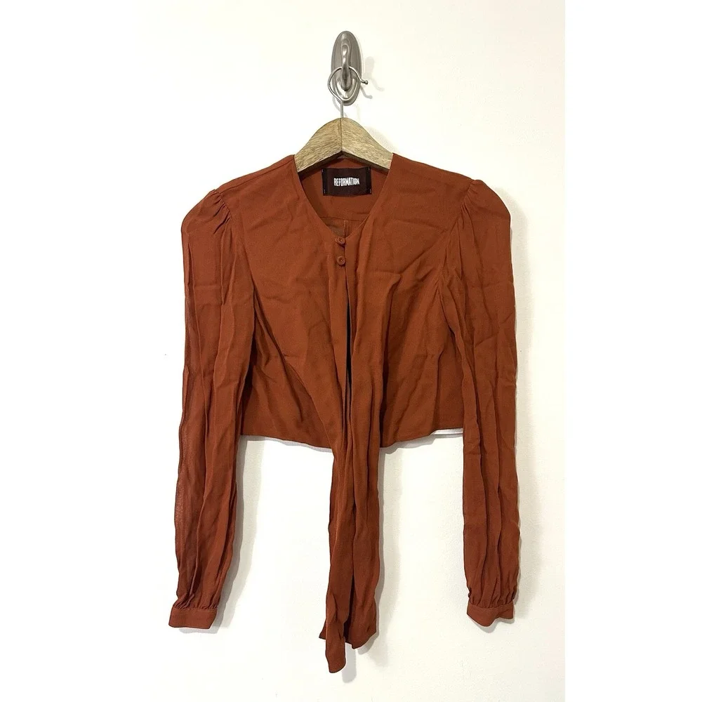 Reformation‎ Tie Front Crop Top 2 Rust Orange Boho Chic 70s Style Blouse Jeanna
